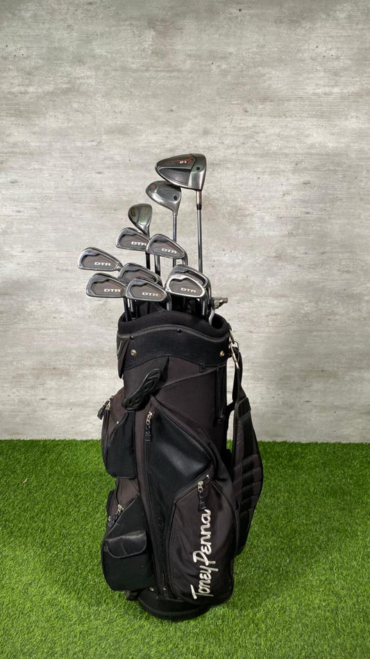Set of golf clubs in a black bag on green grass with a gray concrete wall background