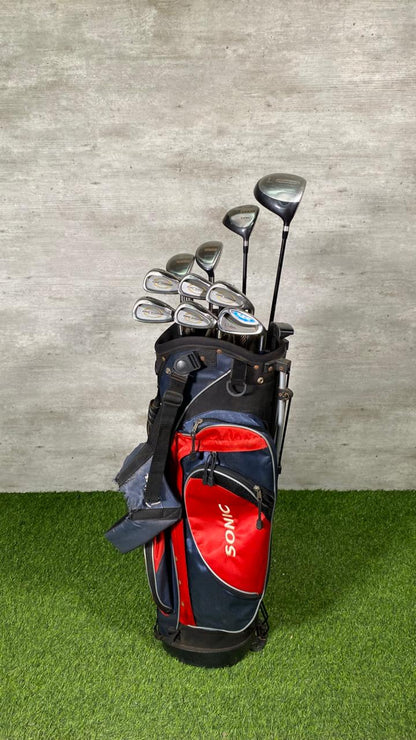 Golf clubs in a black and red bag on grass with a gray wall background