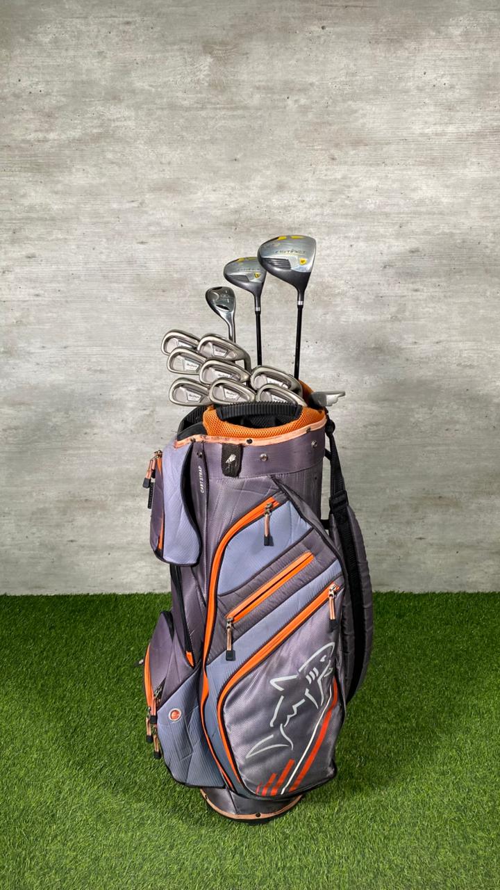 Gray golf bag with golf clubs against a concrete wall.