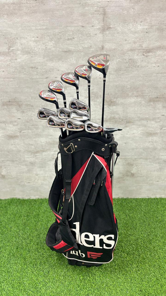 Golf club set with black and red bag on a green and gray background