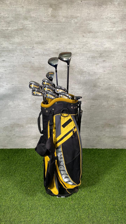 Golf clubs in a black and yellow bag on green grass with a gray wall background