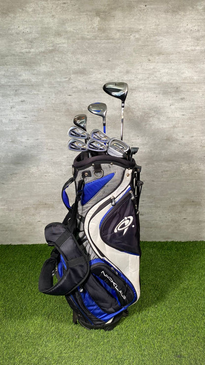 Golf clubs in a bag on a grassy surface with a concrete wall background