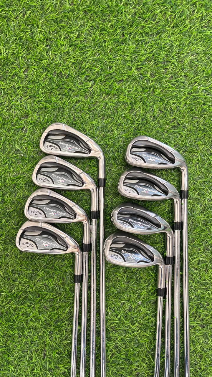 Set of golf clubs on a grassy background
