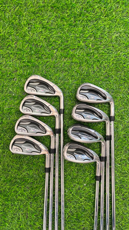 Set of golf clubs on a grassy background