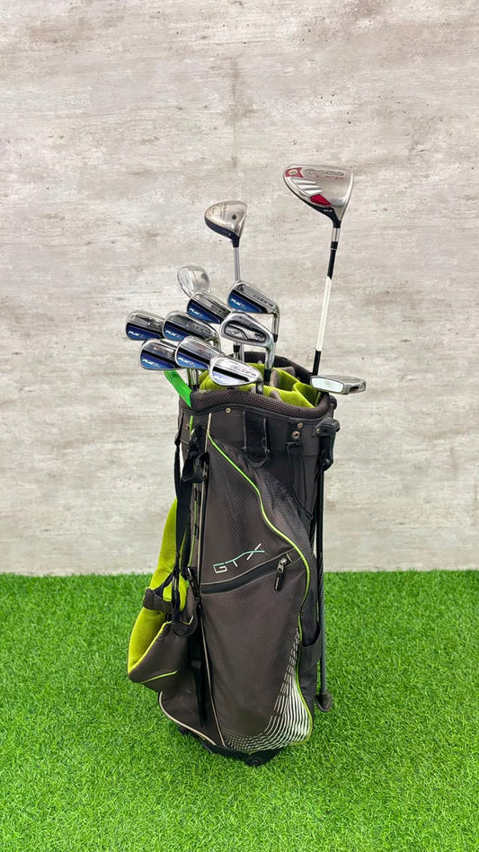 Golf clubs in a black bag on a green and gray background