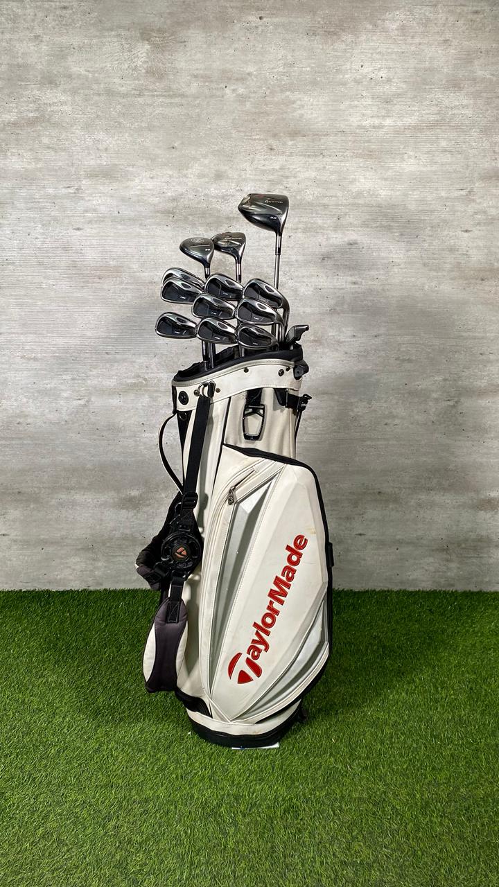 Golf club set with TaylorMade bag on a green surface and gray background