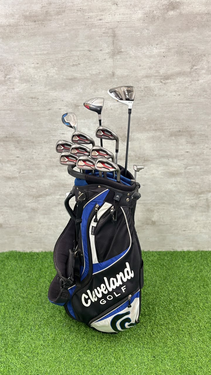 Golf clubs in a Cleveland Golf bag on a green and gray background