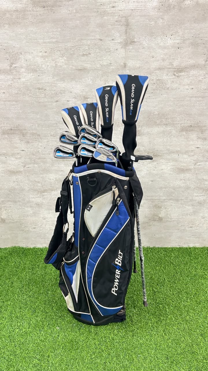 Golf club set in a black and blue bag on a green and gray background