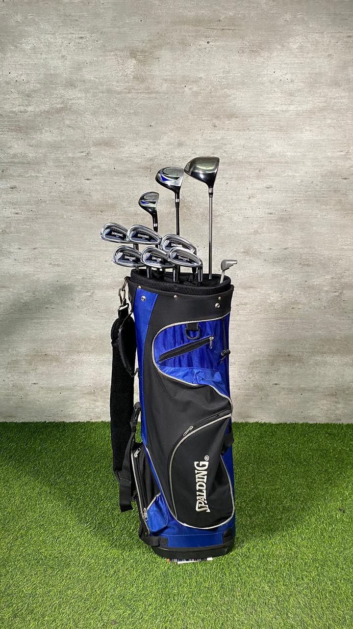 Golf club set in a black and blue bag on a grassy surface with a concrete wall background