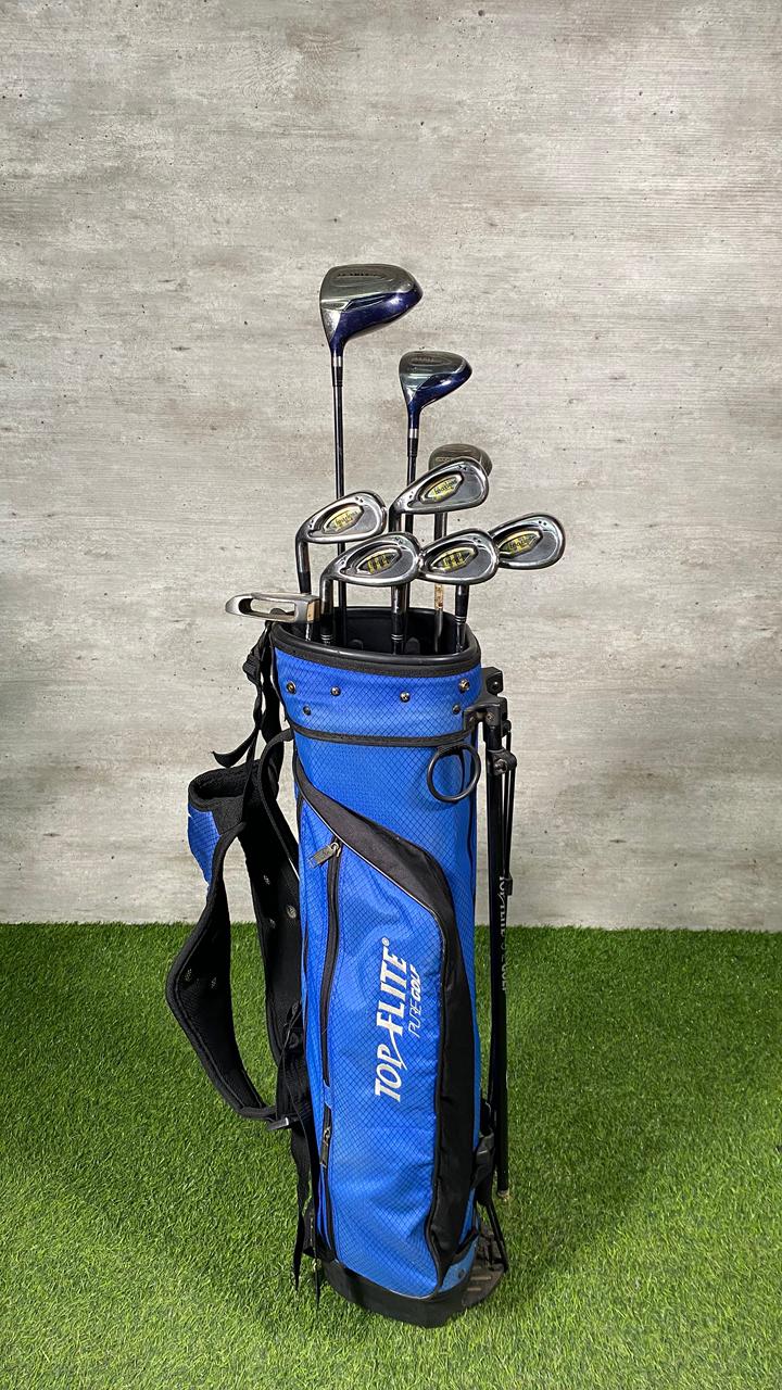 Set of golf clubs in a blue and black bag on a green and gray background