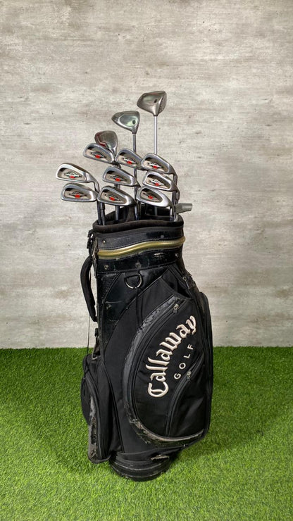 Callaway golf bag with golf clubs on a grass and concrete background
