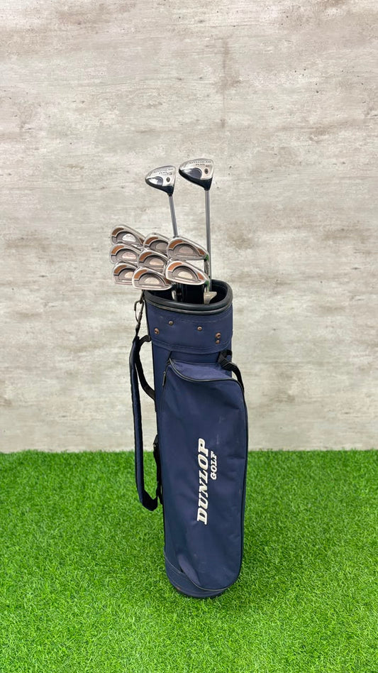 Set of golf clubs in a navy blue bag on a green and gray background