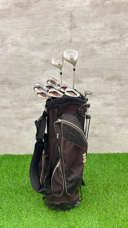 Golf clubs in a black bag on a green and gray background