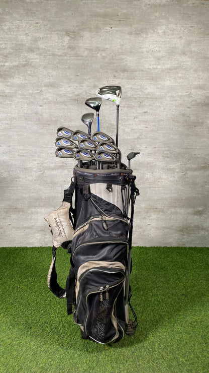 Golf clubs in a bag on a green and gray background