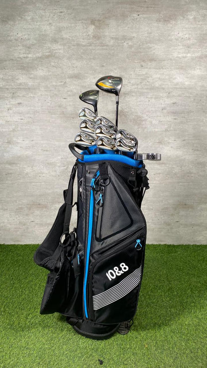 Golf bag with golf clubs on a grassy surface against a concrete wall.