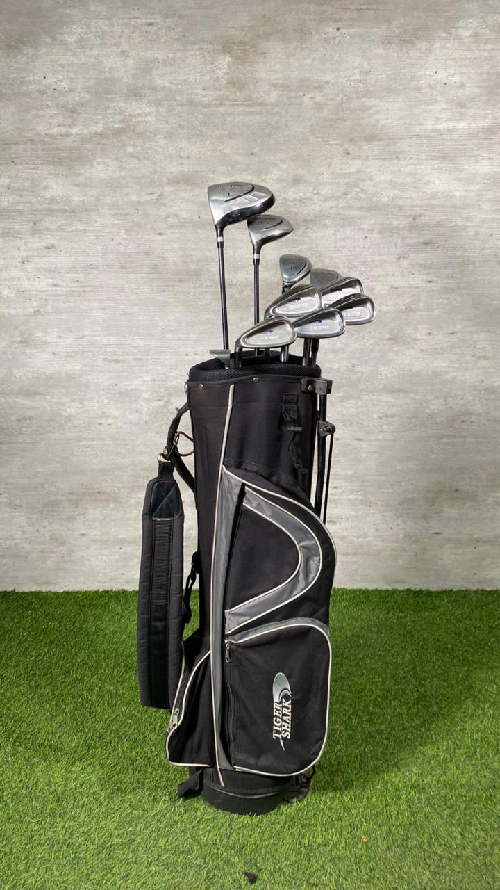 Golf clubs in a black bag on a grassy surface with a concrete wall background