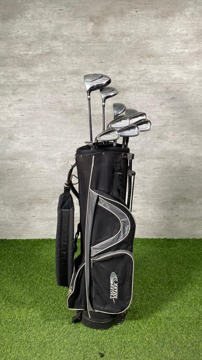 Golf clubs in a black bag on a grassy surface with a concrete wall background