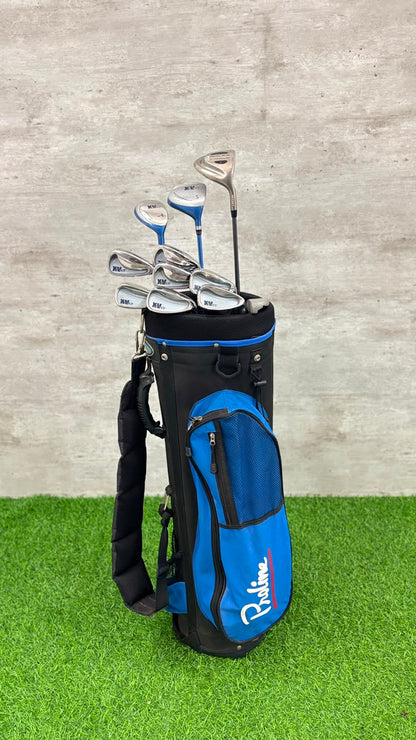 Golf clubs in a blue and black bag on a green and gray background