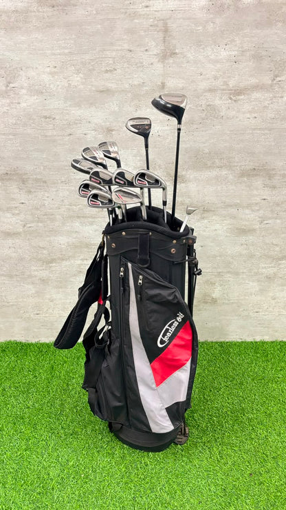 Golf bag with golf clubs on a grassy surface with a concrete wall background