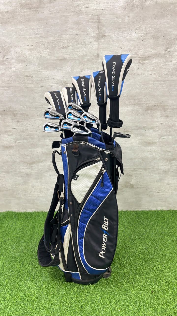 Golf clubs in a black and blue bag on a green and gray background