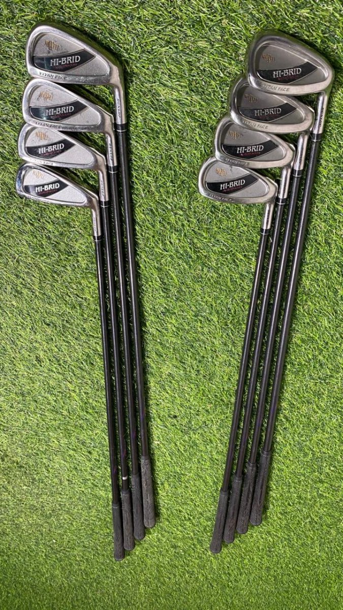Set of golf clubs on a grassy background