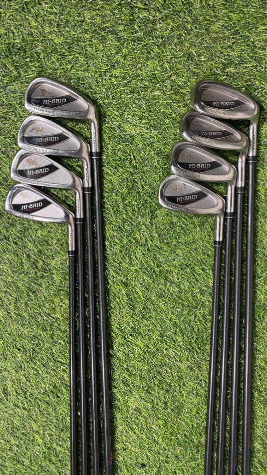Set of golf clubs on a grassy background
