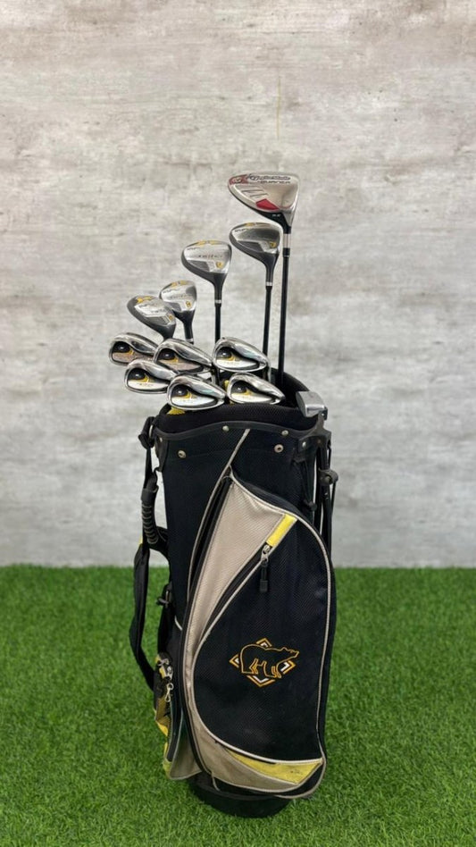 Set of golf clubs in a black and gold bag on a grassy surface with a gray wall background