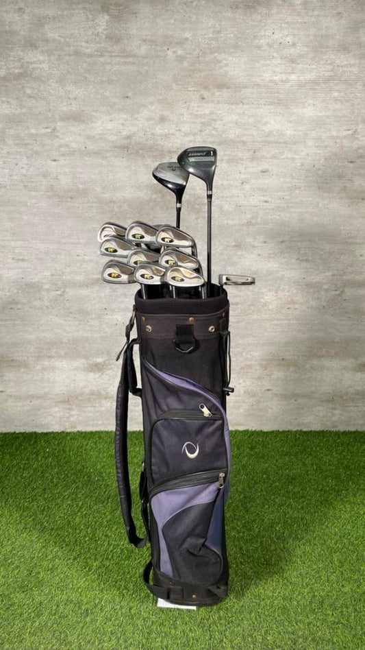 Set of golf clubs in a black bag on a green and gray background