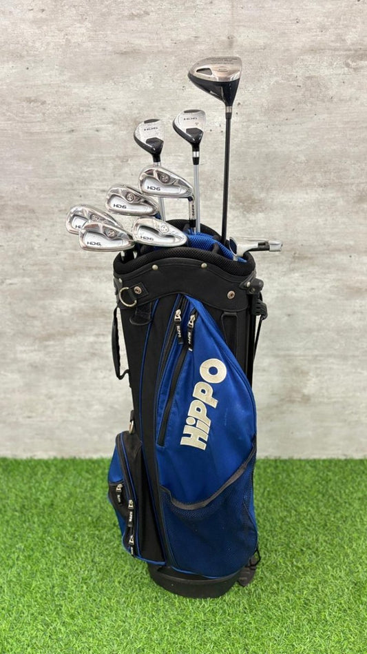 Golf clubs in a blue and black bag with 'Hippo' branding on a green and gray background