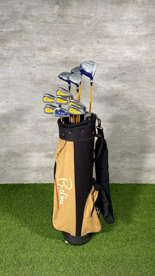 Golf clubs in a black and gold bag on a green grass background