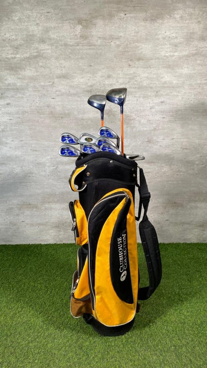 Golf clubs in a yellow and black bag on a green and gray background