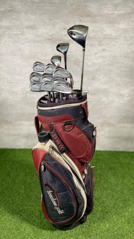 Golf bag with clubs on a green surface and gray background