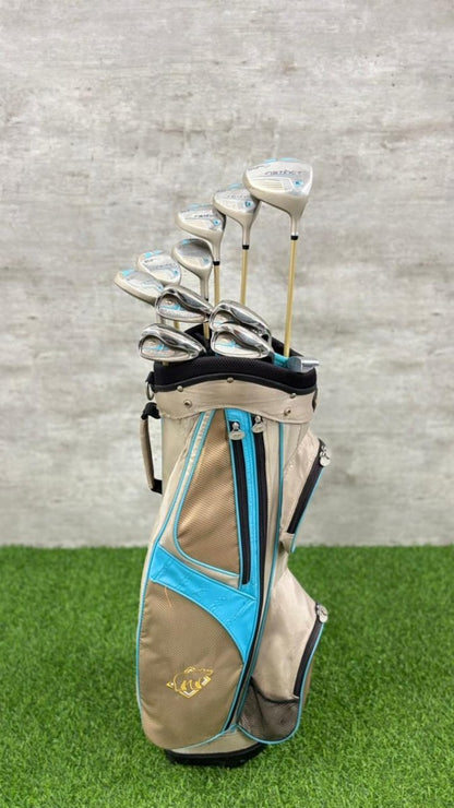 Golf club set in a beige and blue bag on grass with a gray concrete wall background
