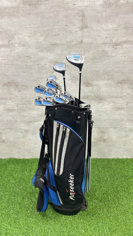 Golf clubs in a black and blue bag on grass with a gray wall background
