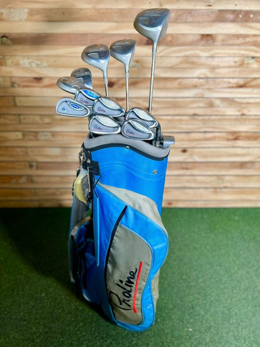 Blue golf bag with golf clubs against a wooden background