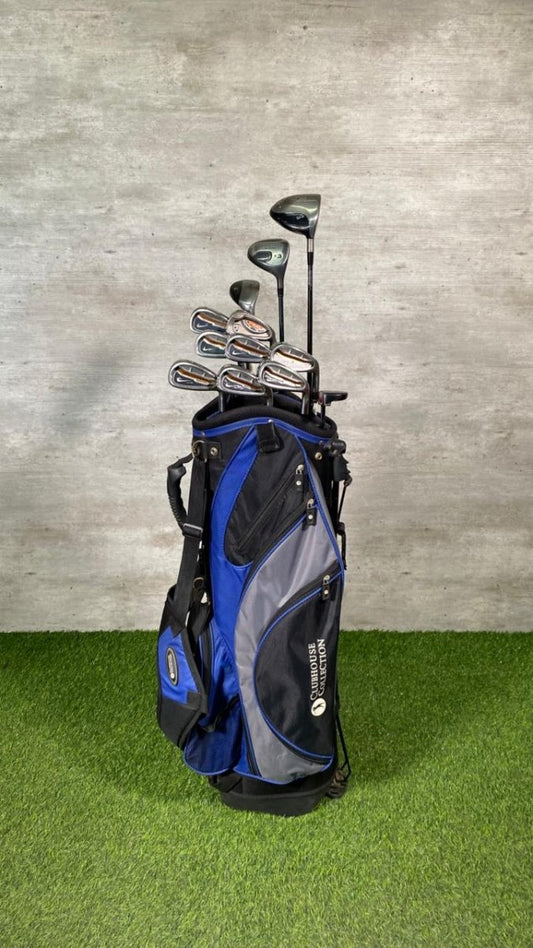 Golf clubs in a blue and black bag on a green and gray background