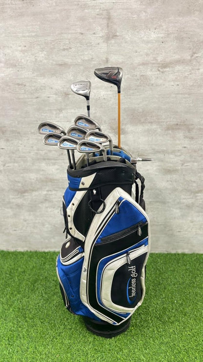 Golf club set in a blue and white bag on a grassy surface with a gray concrete wall background