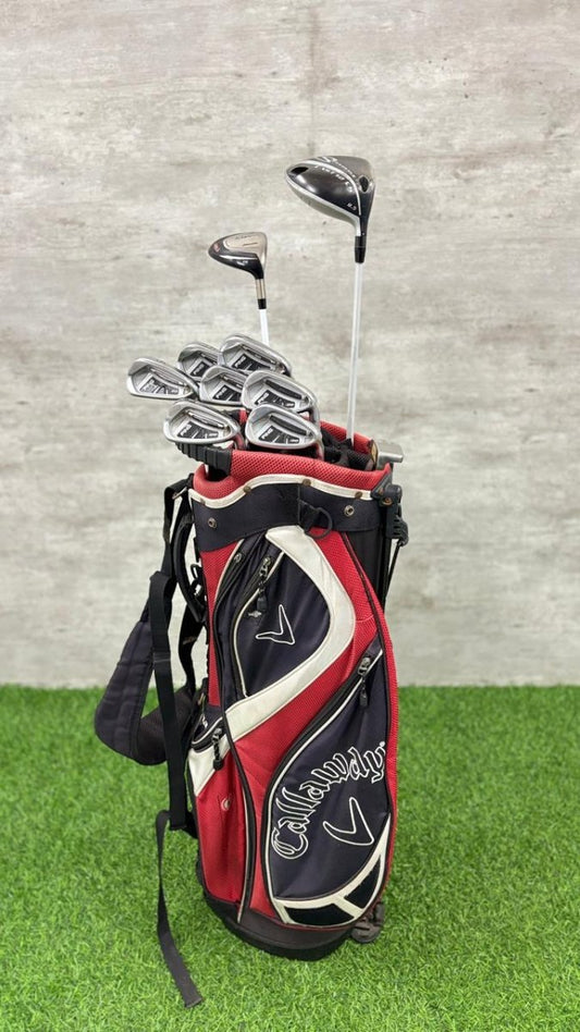 Golf clubs in a Callaway bag on grass with a gray concrete wall background