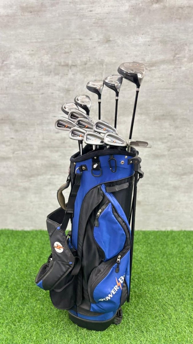 Golf clubs in a blue and black bag on a green and gray background
