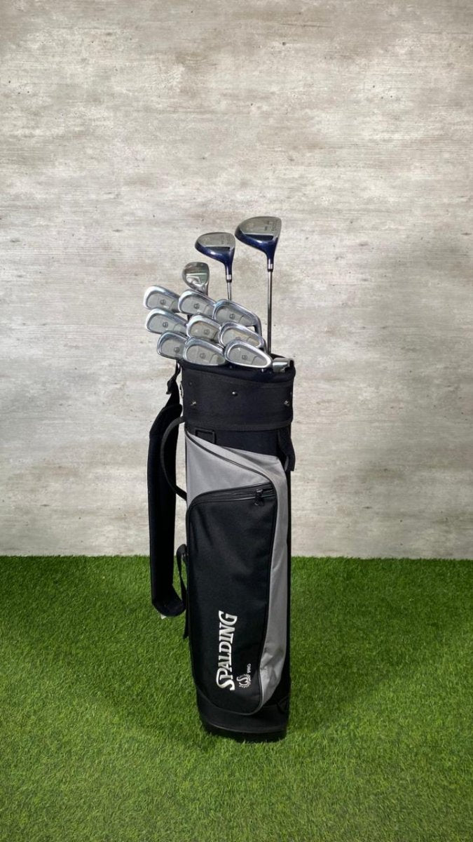 Set of golf clubs in a black and gray bag on a grassy surface with a concrete wall background