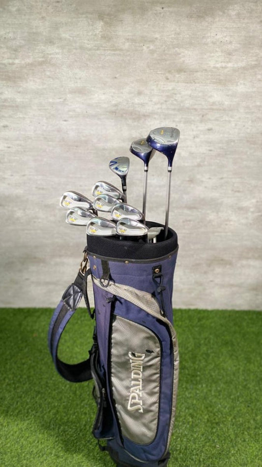Golf clubs in a blue and gray bag on a green surface with a gray wall background