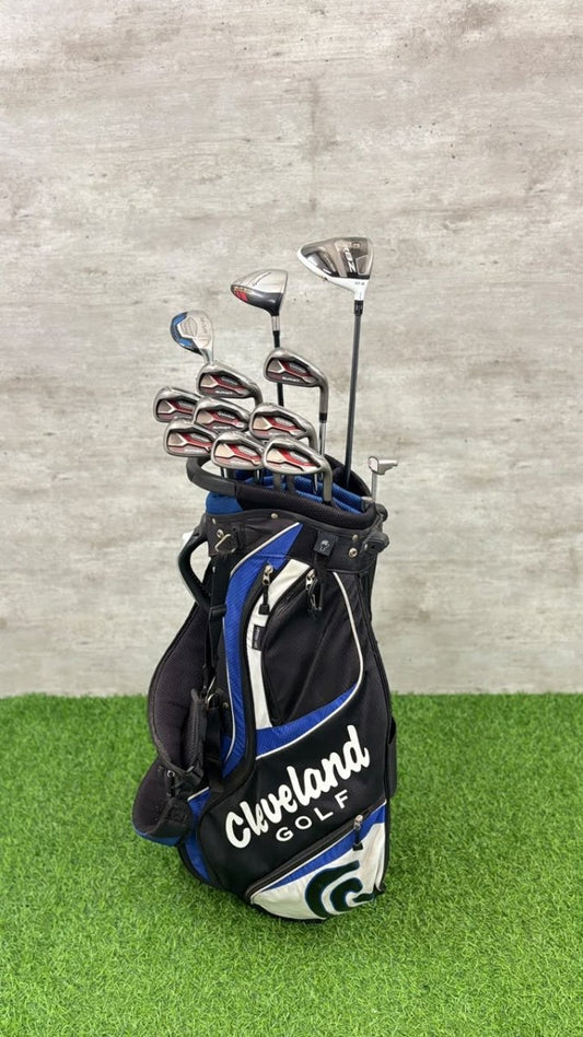 Golf clubs in a Cleveland Golf bag on a green and gray background