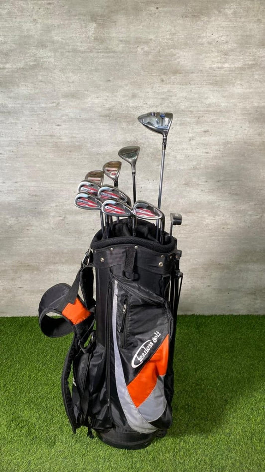 Golf clubs in a black and orange bag on grass with a concrete wall background