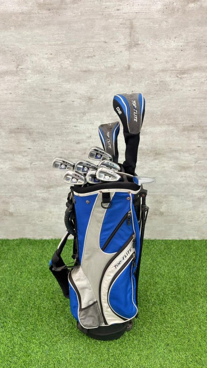 Golf clubs in a blue and gray bag on green grass with a gray wall background