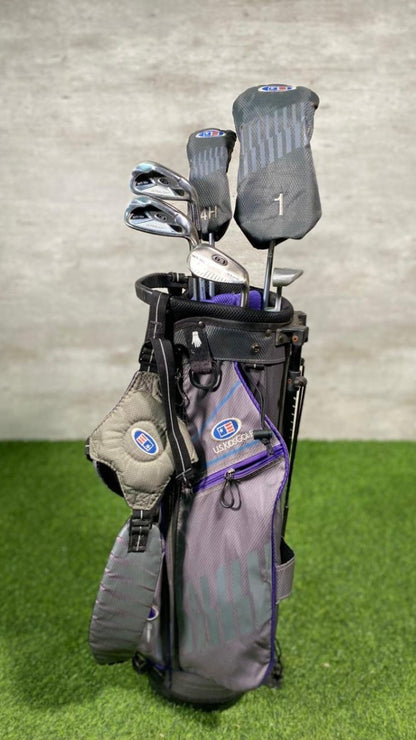 Golf bag with clubs on a grassy surface